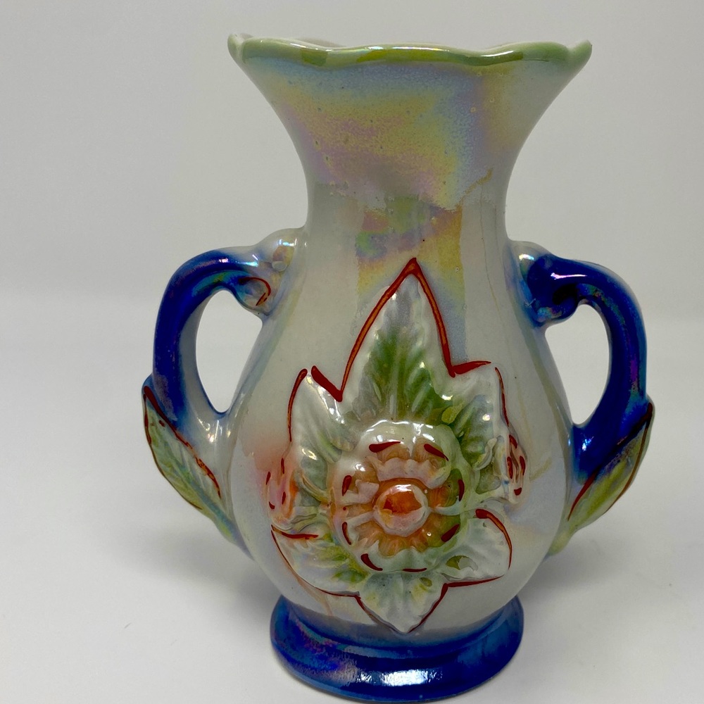 Vintage Iridescent Lusterware Vase Raised Floral Design Ceramic Brazil Handles